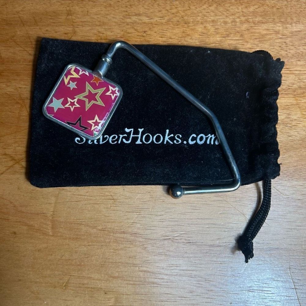 SilverHooks Purse Holder Hook, Red MultiColor Stars, Comes with Pouch